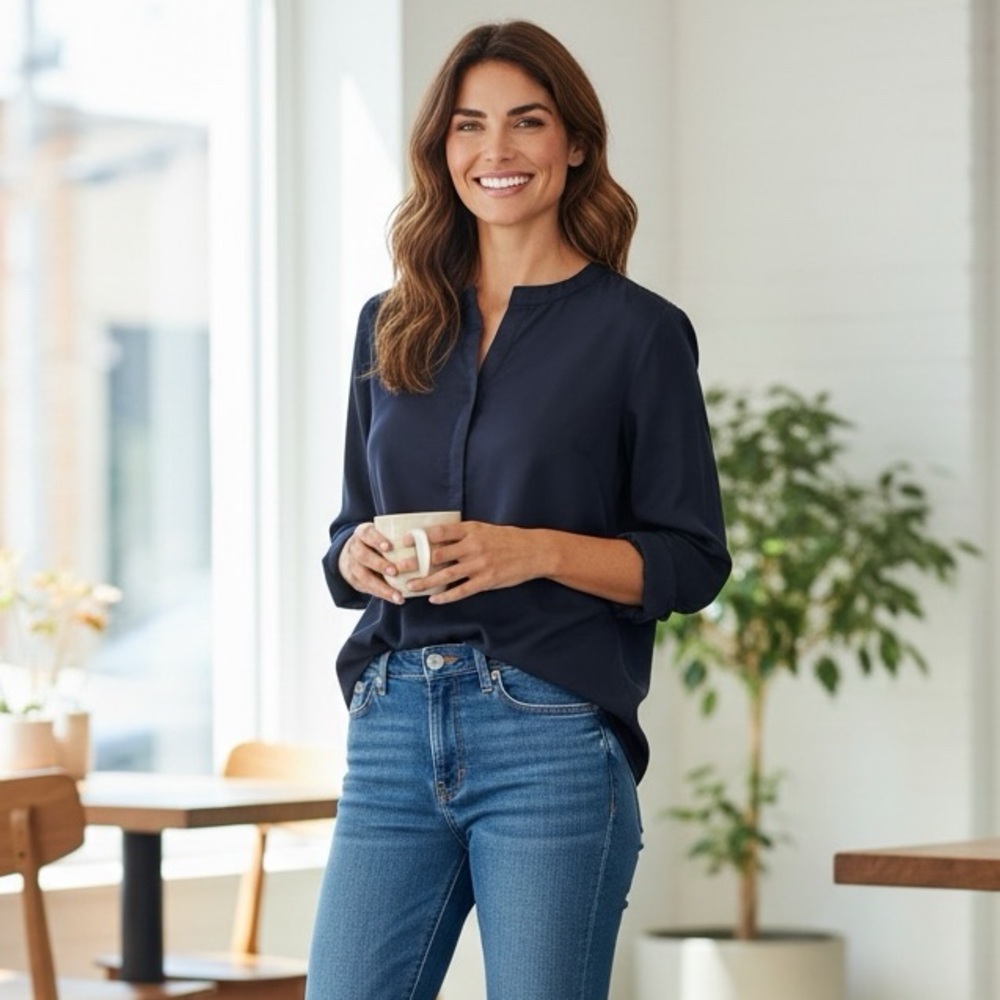 J. Crew factory navy blue popover quarter button shirt tail hem blouse S small